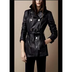 Burberry Brit Dark Blue Distressed Leather Belted Trench Coat Jacket US 6 UK 8